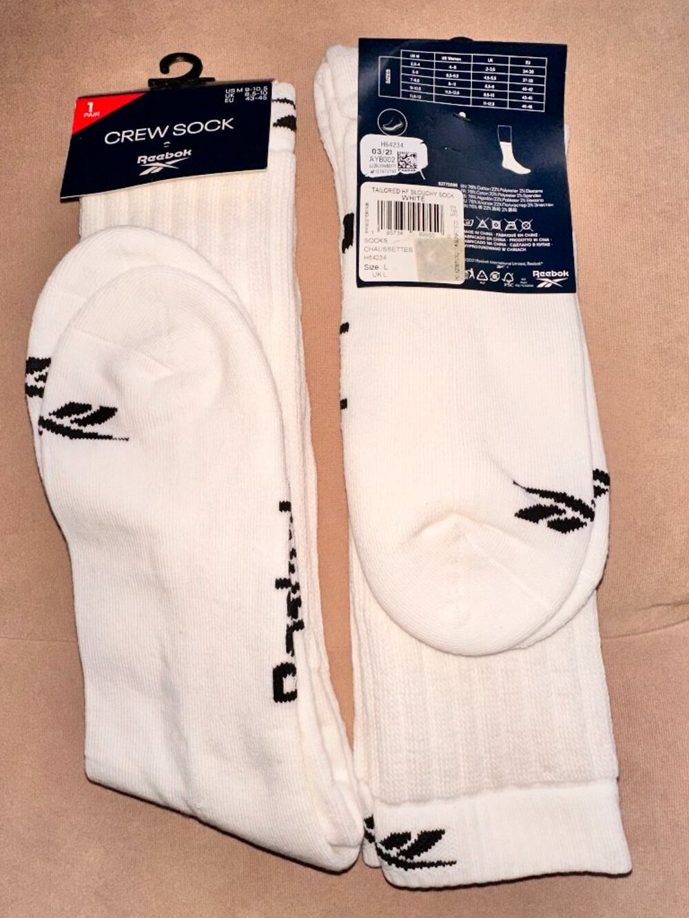 Two Pairs Of White Reebok Tailored Slouchy Unisex Socks - Size 9-10.5